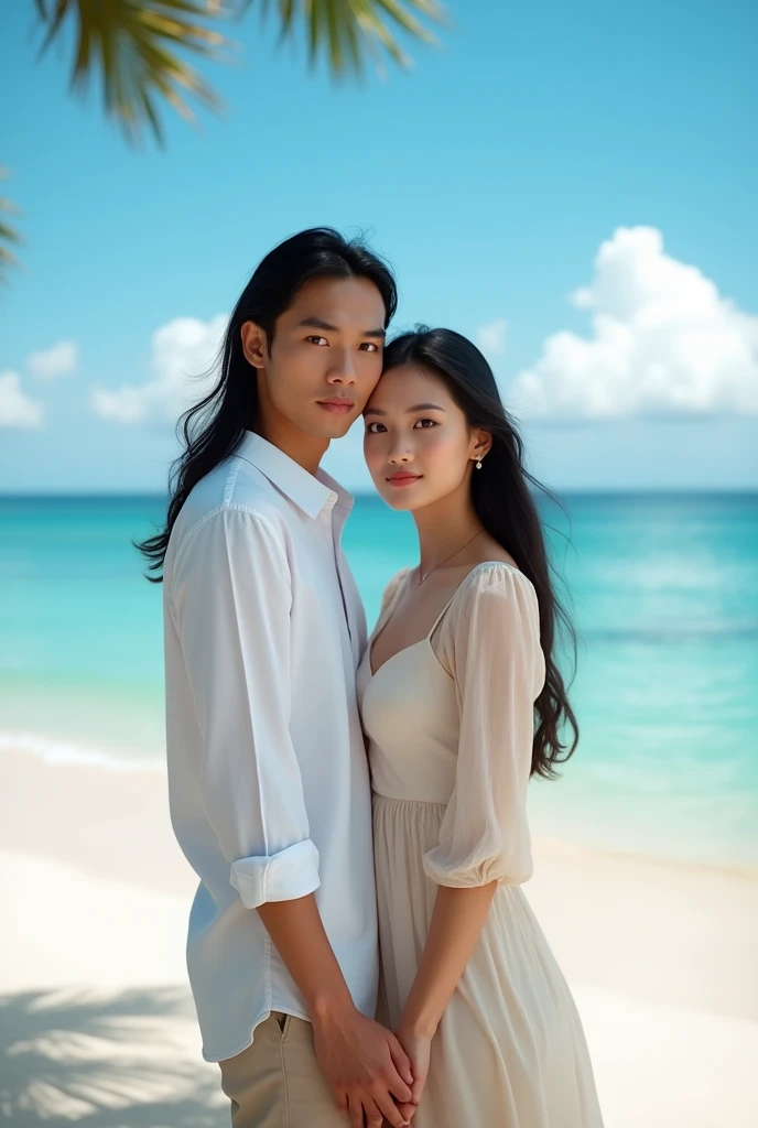 A portrait of a young Indonesian man with long, straight hair reaching his shoulders, wearing a white slim-fit shirt, and a beautiful young woman wearing a long dress, holding hands while walking., beautiful beach,Blue sky,Face forward to the camera