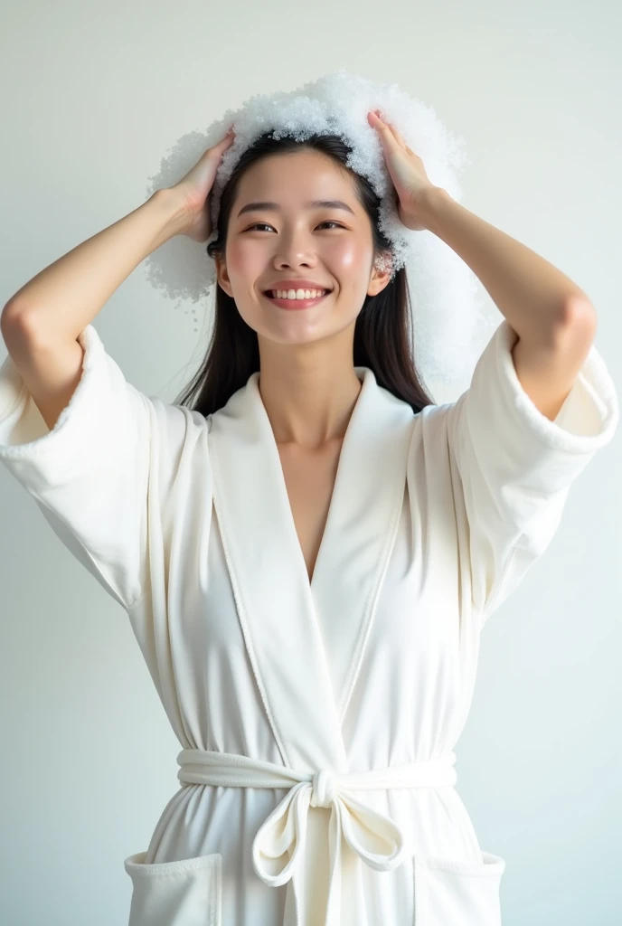 Create an Asian beauty，Regular facial features，Wearing a white satin bathrobe，Scratch your scalp with both hands，Two hands washing hair on top of head，There is a lot of foam and water on the head，Foam wrap head，Real bubbles，Open your eyes，The expression is happy，Upper Body，The characters are realistic and realistic，Pure white background，Character front position，9:16 frames，Ultra-high-definition picture quality