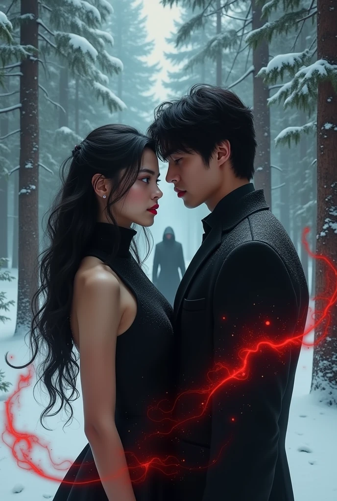 Generate an image of a young woman, long wavy black hair, black high neck dress, blue eyes, Red lips, red energy coming out of it, in a snowy pine forest, next to a muscular young man, With a suit, medium black hair, In the background a hooded man dressed in black with his face covered