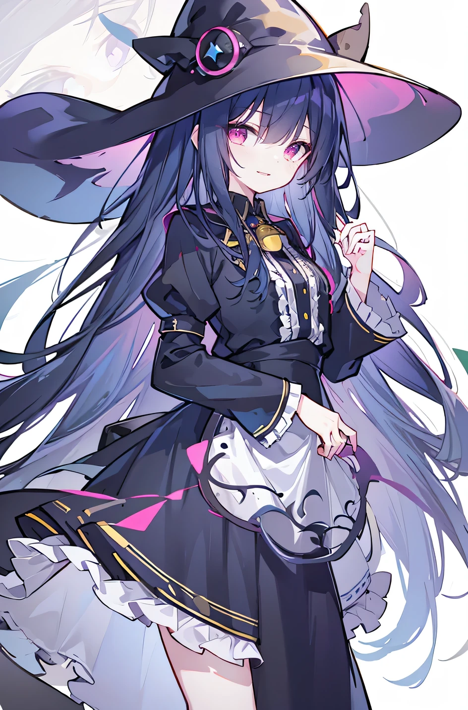 oung Girls,Humanity,A magician always smiles,big witch hat,cute,dark blue long hair,The eyes are dull,The bangs are heavy,Thin eyebrows,fantasy,intake,Double teeth,Star Theme,Constellation pattern,Solid color clothetal decoration,cloak,A bit of a dark atmosphere,A little crazy smile,When the big moon shines outside at night,blood,Hair black star embellishment,Short tie,No nails,High waist skirt,Bell sleeves,Long-sleeved shirt,Black tie,low risk,gentlemen。Mist、Yellow and white effect,Shocking pink as an accent color