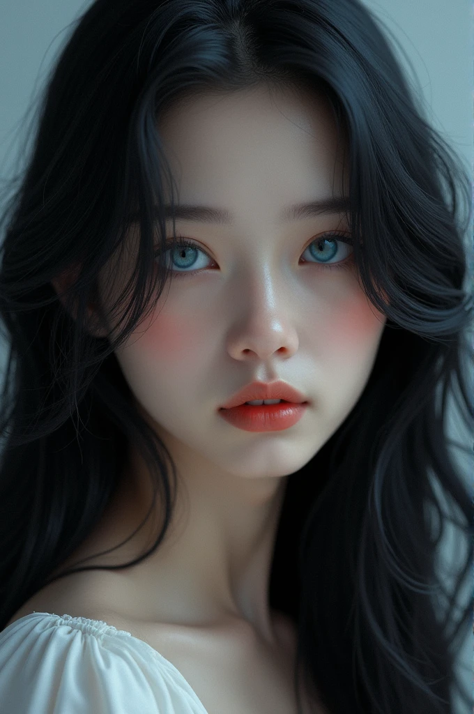 A female with black hait and blue eyes