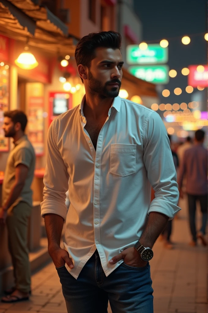 "A striking 25-year-old Pakistani man with sharp features, short black hair, and a well-groomed beard. He’s dressed in a fitted kurta with rolled-up sleeves, paired with jeans, blending traditional and modern styles. The setting is an evening scene in a lively Pakistani street with warm lights, colorful shop signs, and a hint of cultural architecture in the background. He has a confident and intense gaze, standing casually with one hand in his pocket, exuding a blend of tradition, charm, and modernity. The image should highlight his strong features, stylish attire, and the vibrant energy of the setting, making him look both hot and culturally connected.