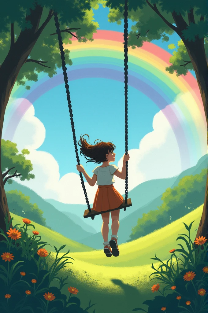 A teen girl swings in the three watching the beautiful nature with rainbow 