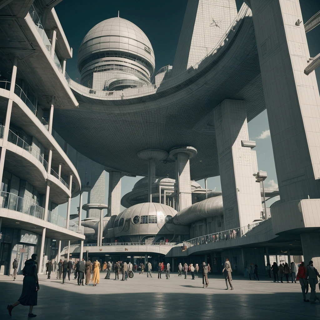 Assembly dome seen from the outside, in a retro-futuristic 1950s style. In the background is a retro-futuristic city. And the walls feature geometric patterns and futuristic murals. The atmosphere is hectic, capturing the energy and diversity of this imagined society. The overall scene combines vintage futuristic design with a sense of community and readiness for adventure.
