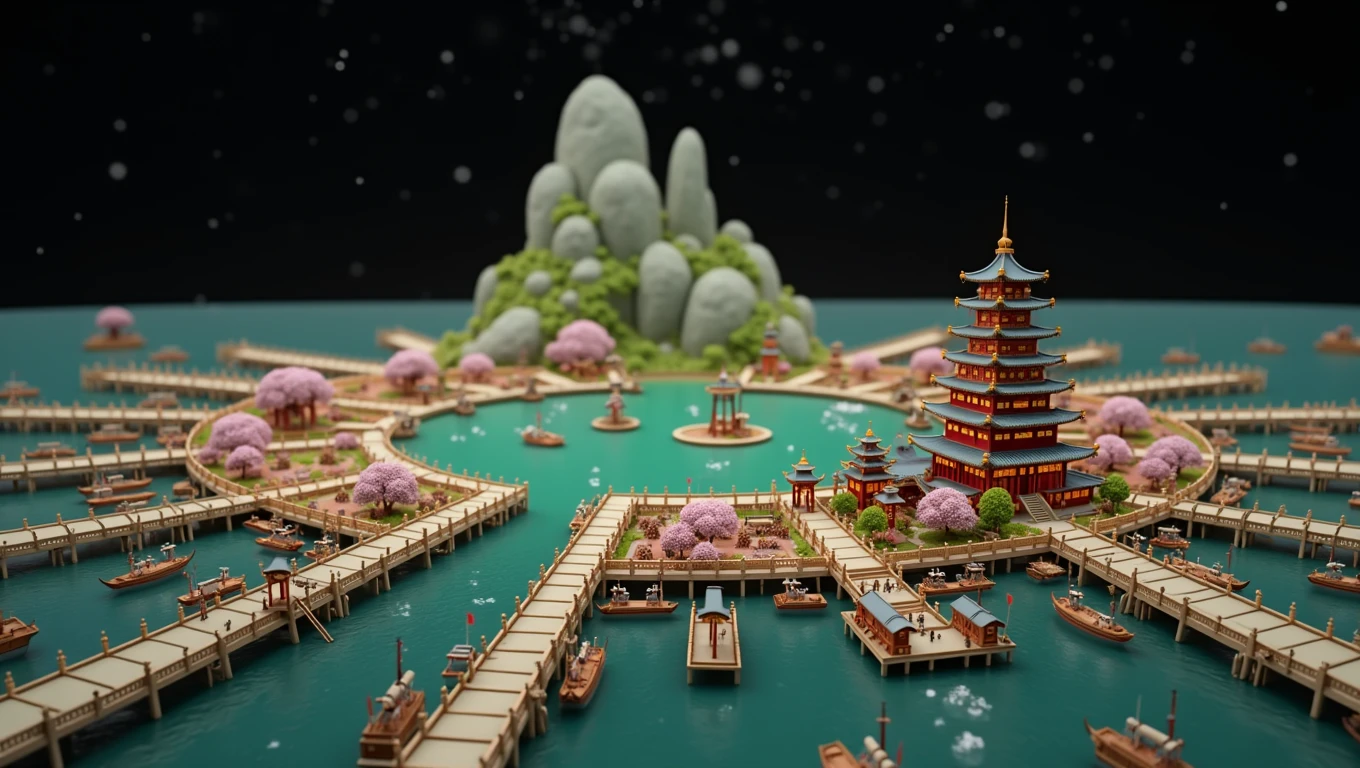 8,000-year-old theistic vitality style Asian dwellings, ethereal cherry blossom trees, mountain peaks, lying in a white cloud wonderland, liquid clouds, emitting spore clouds, surreal water art, badly damaged walls, glowing flower-shaped clouds, slimy reflections, photos taken with Sony A7R camera, clear focus on the landscape,