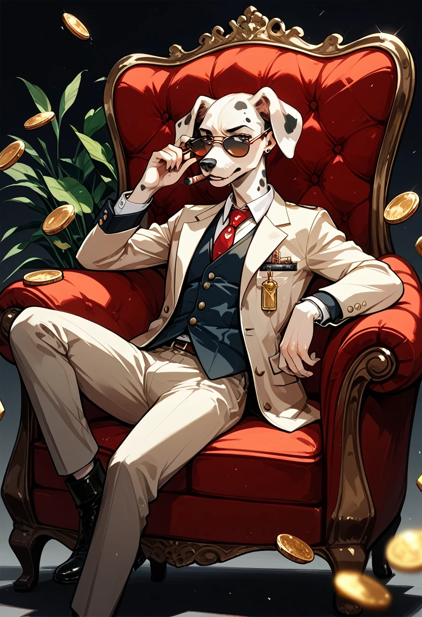 Wear sunglasses, An old Dalmatian dog with a cigar and a mafia boss sitting in an armchair, Gold coins falling from the sk, Vintage Sepia Photography,