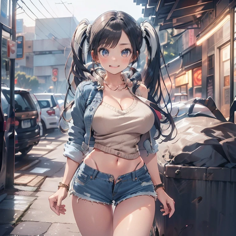 Anime Kawaii sexy Perfect Slim sensual body large breast and huge thighs, An intricate and highly detailed illustration of anime (Young girl) ((perfect anatomy, super detailed skin)), 1 girl, japanese, , shiny skin, watching the view,
beautiful hair, beautiful face, beautiful detailed eyes, (long hair:1.4, twintail:1.6), (babyface), large breasts:0.5, seductive arms, seductive thighs,
((sweater, denim shorts, denim jacket)),
(smile), walking,
(beautiful scenery), inside convenience store,
(8k, top-quality, masterpiece, extremely detailed), (photorealistic), beautiful illustration, cinematic lighting,