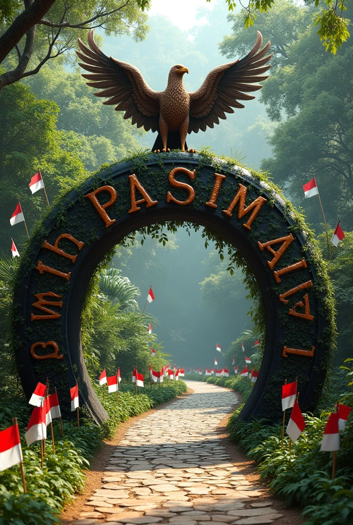 A gate from used tires with the words "PASIRMALA" written on it with a Garuda bird on it, a footpath with a forest background with many INDONESIAN flags on the side of the road.