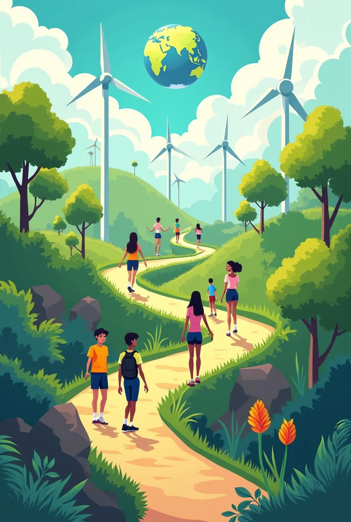 wind turbines, solar panels, trees, and a globe. The young people are diverse and dynamic, representing various cultures and backgrounds, and the pathways form a symbolic bridge between technology and a greener, more sustainable future. The setting is vibrant, hopeful, and filled with bright colors, highlighting the theme of youth empowerment through digital technology for sustainable progress, "From Clicks to Progress: Youth Digital Pathways for Sustainable Development