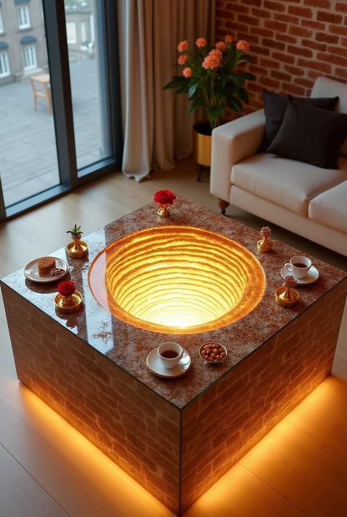 Small square coffee table handcrafted, featuring a two-way mirrored glass top that reflects a stunning visual effect inside that resembles a tunnel, a deep, endless well, and an endless staircase lit from the inside with warm golden LED lighting. The sides are covered with brick wallpaper that mimics the look of 3D textured wallpaper.. The table is decorated with simple decorations such as golden pedestals, small flowers, a cake and nuts, and contains a red rose and a tea cup. . The table is placed on a light-colored wooden floor.. The table design combines simplicity and elegance with a touch of modernity, making it a distinctive piece of art in any room or living room.