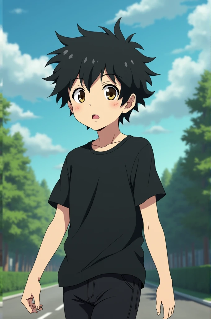 Screenshot of a Bungo Stray Dogs, Anime drawing style from studio bones animation. Young boy with pearly skin, extra curly jet-black hair, brown eyes and dressed in a loose black t-shirt and black jeans.