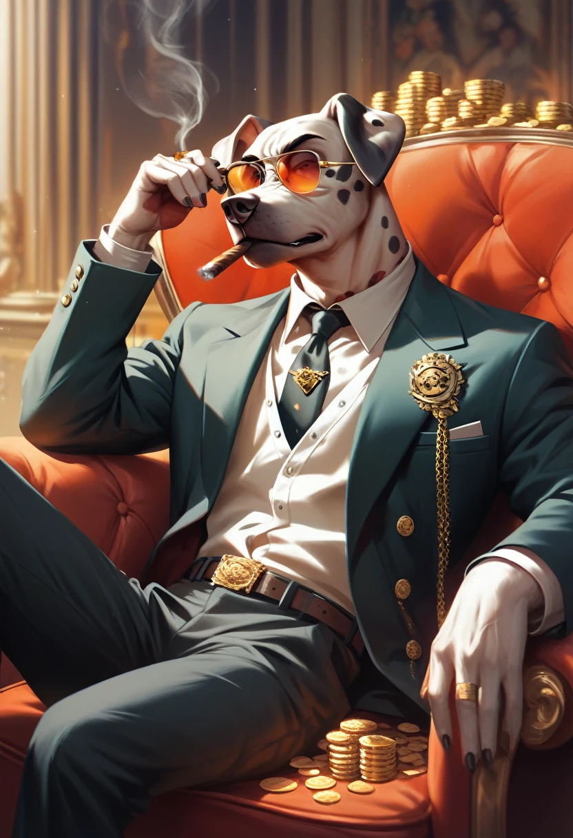 Wear sunglasses, An old Dalmatian dog with a cigar and a mafia boss sitting in an armchair, Gold coins falling from the sk, Vintage Sepia Photography,