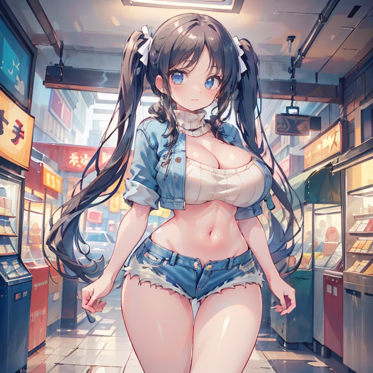 Anime Kawaii sexy Perfect Slim sensual body large breast and huge thighs, An intricate and highly detailed illustration of anime (Young girl) ((perfect anatomy, super detailed skin)), 1 girl, japanese, , shiny skin, watching the view,
beautiful hair, beautiful face, beautiful detailed eyes, (long hair:1.4, twintail:1.6), (babyface), large breasts:0.5, seductive arms, seductive thighs,
((sweater, denim shorts, denim jacket)),
(smile), walking,
(beautiful scenery), inside convenience store,
(8k, top-quality, masterpiece, extremely detailed), (photorealistic), beautiful illustration, cinematic lighting,