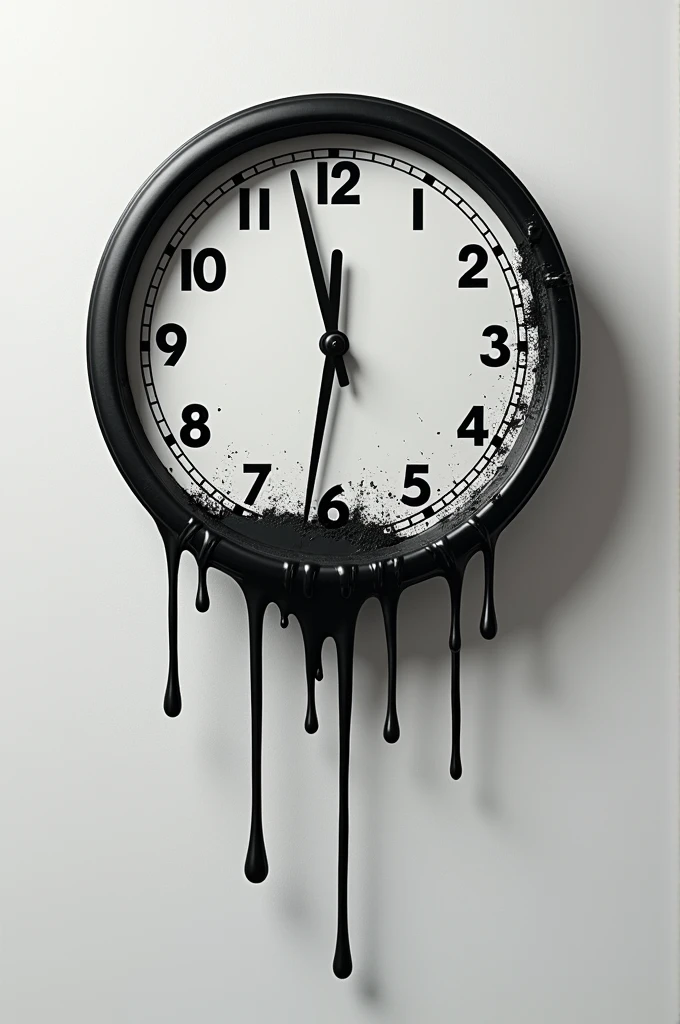 A black-and-white round clock Half of the clock seems to have melted and is dripping. Clock's hands show time 7:25