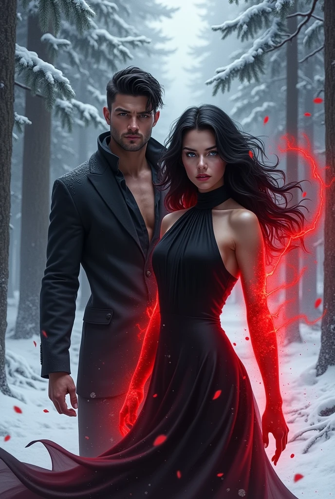 Generate an image of a young woman, long wavy black hair, black high neck dress, blue eyes, Red lips, red energy coming out of it, in a snowy pine forest, next to a muscular young man, With a suit, medium black hair, In the background a hooded man dressed in black with his face covered
