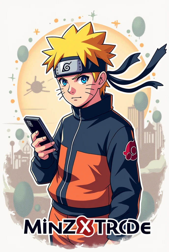 Gambar logo chart atau candlestik,with good design,and an anime picture of Naruto holding a phone,and write MinzXTrade below the logo