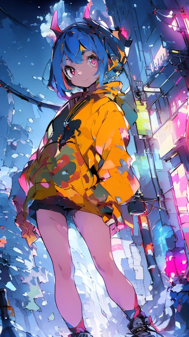 masterpiece, Highest quality, High resolution, Very detailed,(((Mikoto Naruka))), (((Neon Light))), (((Town)))、(((electric wire)))、(((smile)))、(((Standing in the distance))), (((Wearing a black hoodie。))), (((Electric pole))), (((handrail))), (((Blue Hair))), (((Multicolored Hair))), (((horn))), (((Pink Eyes))), (((Braid)))