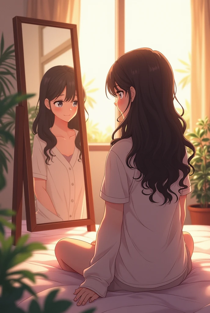 Anime woman, sitting on bed, wearing nightshirt, pajama pants, long curly hair, indoors, soft lighting, plants in background, window with sunlight, cozy room, relaxed pose, warm colors,
Alao she look at a mirror that reflect her face, none of the face is show up in the image jsut in a mirror