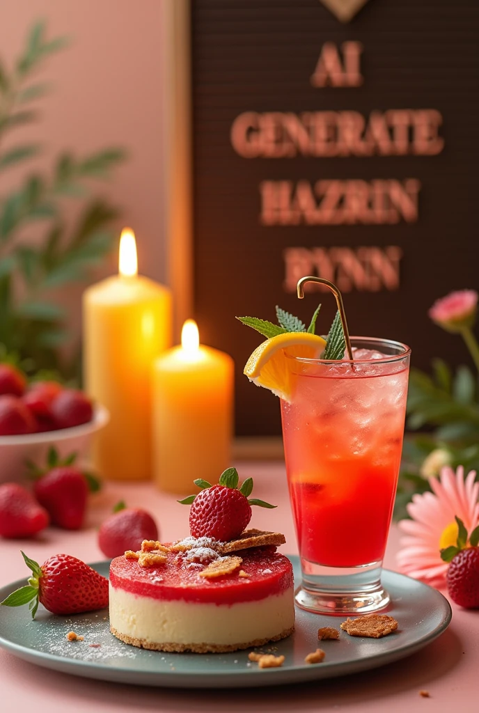 Photography of a fruity drink and dessert on the table. Decorating with candle and flora concept. The signboard says "AI GENERATE HAZRIN RYNN ". Full hd resolution