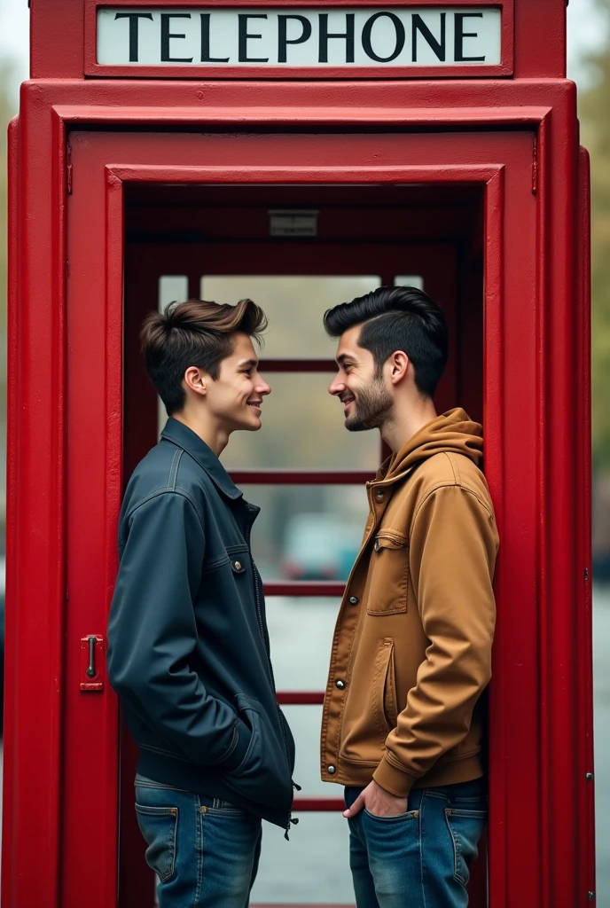 Two handsome high school boys, engaging in a playful conversation across the door of a red telephone box.。Oblique angle。
