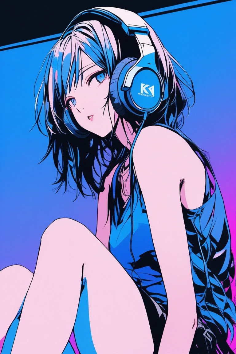 ((masterpiece,Highest quality)), 8k, anime , Realistic ,sketch, anime風のポートレート, animeの女性, 20-year-old, Blue gradient background, Black mesh tank top, Neon medium straight hair, lip, Wear headphones, Sitting on a large speaker, Texture Trim, Canadian, (((Upper Body))), (masterpiece,Highest quality)、Leaning on a large speaker、anime風のポートレート