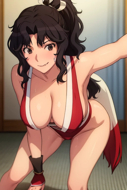 masterpiece, best quality, beautiful art, high resolution, well formed hands, body and fingers, 1 woman, solo, Kaoru Tanamachi, 31 years old, red makeup, red lipstick,adult, grown up,  cosplaying as Mai Shiranui , mai_shiranui_cosplay, adult, large and big breasted, cleavage, full body , hair ribbon, gorgeous legs and, thighs, sexy Japanese clothes, hair ornament , sexy and bare legs , hips and thighs, panties peek, dancing seductively and erotically, turning backwards and forwards, showing her back and front, shaking her body alluringly, red t back thong, smiling joyfully, sweating ,looking at the viewer, bouncing breasts, sweating, flirting, biting her lips, beach environment 