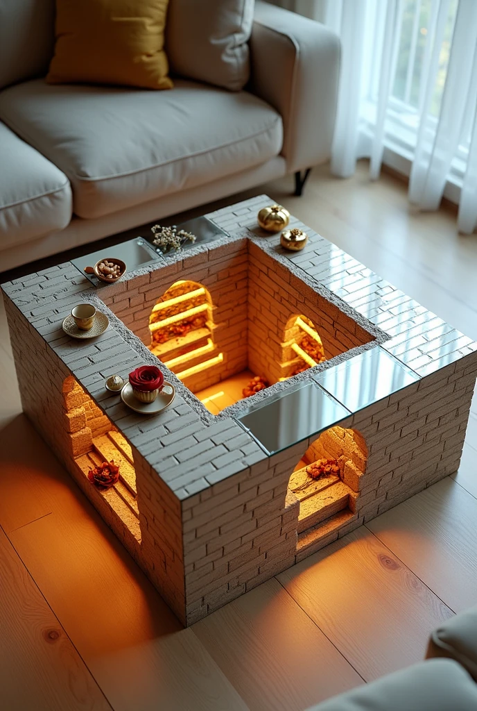 Small square coffee table handcrafted, featuring a two-way mirrored glass top that reflects a stunning visual effect inside that resembles a tunnel, a deep, endless well, and an endless staircase lit from the inside with warm golden LED lighting. The sides are covered with brick wallpaper that mimics the look of 3D textured wallpaper.. The table is decorated with simple decorations such as golden pedestals, small flowers, a cake and nuts, and contains a red rose and a tea cup. . The table is placed on a light-colored wooden floor.. The table design combines simplicity and elegance with a touch of modernity, making it a distinctive piece of art in any room or living room.