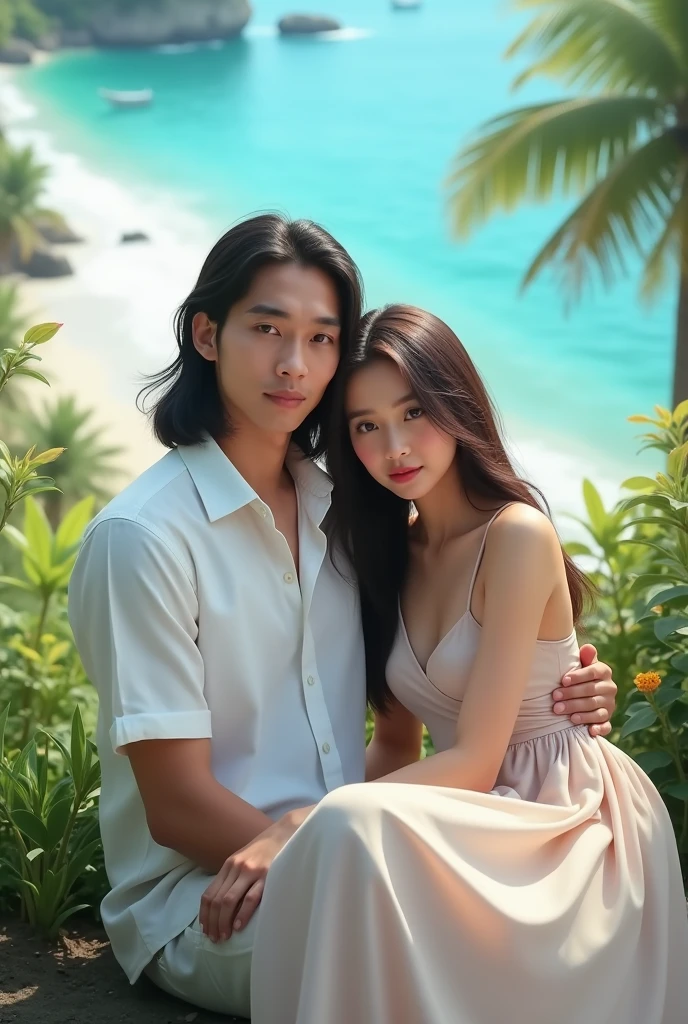 Portrait of a young Indonesian man with long straight shoulder-length hair wearing a white slim shirt and a beautiful young woman wearing a long dress leaning on the man,Sitting in a beautiful garden by the beautiful beach,Blue sky,Face forward to the camera