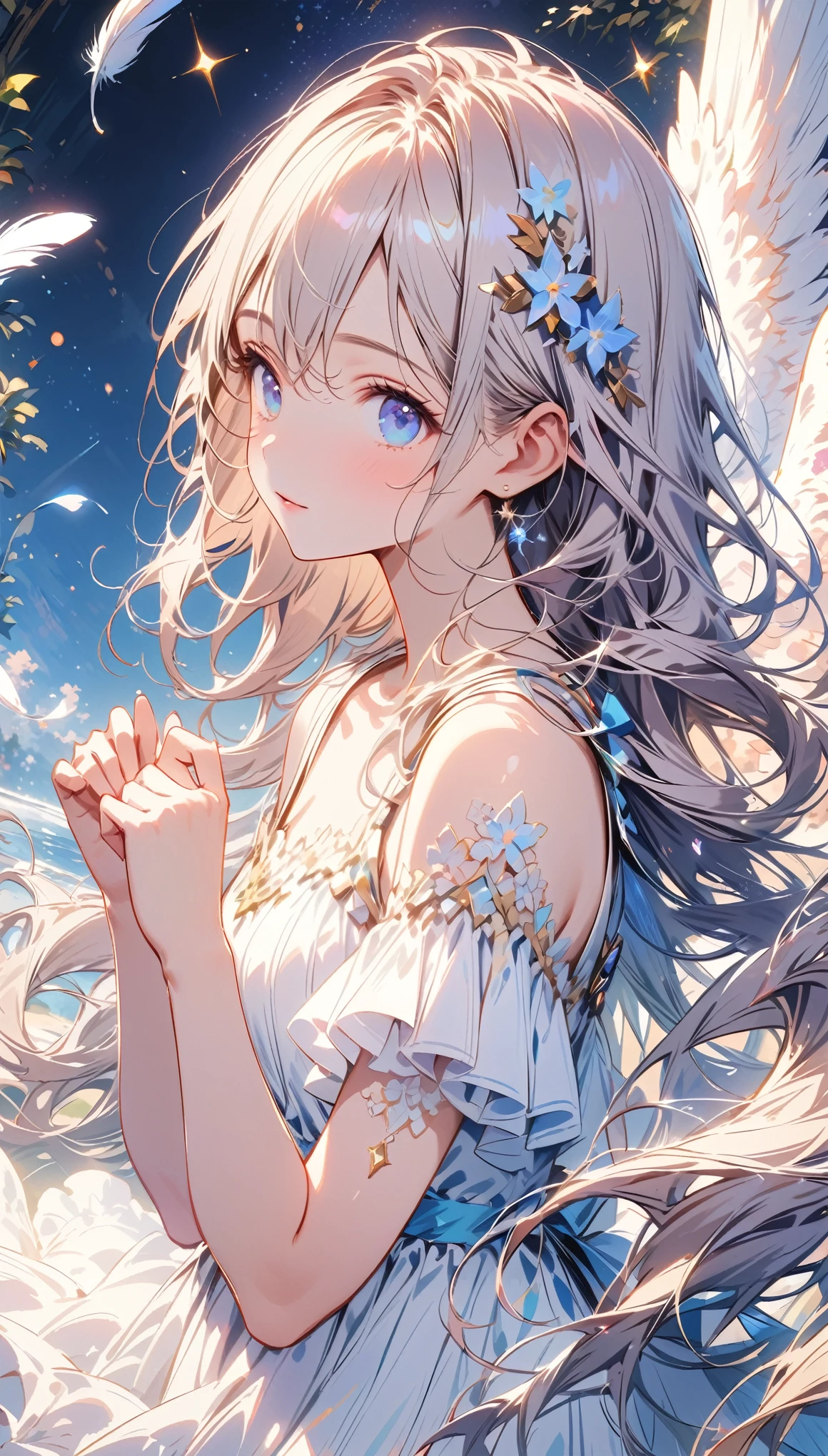 (best quality:1.2),(hands finger 5 digits:1.3),(extremely delicate and beautiful:1.3),(detailed ultra detailed:1.2),(scenery clear details:1.2),(scenery crystal clear :1.2),(solo),(blue eyes),(long white long hair),(white dress),(angel wings),(floating white feathers,starry sky),(clusters of stars,starry sky),(glinting stars),(solo),(long silver long hair),(best quality:1.2),(hands finger 5 digits:1.3),(extremely delicate and beautiful:1.3),(detailed ultra detailed:1.2),(scenery clear details:1.2),