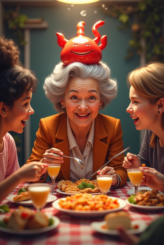 Take a picture of a family meal where everyone is laughing and looking at the family grandmother, who is presiding over the table, the grandmother has a whole bloodbath on top