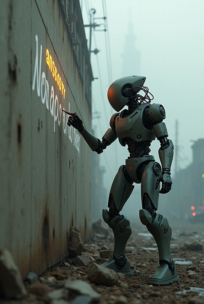 A Cyborg robot write by hand on the wall in blood: “I not robot” in Battlefield, Broken robots, war between robots, Massive of Destruction, Cinematic light, Complex and precise details, Depth of field, Shading, global illumination, ray tracing, ambient occlusion, Texture details, super realistic, Masterpiece by studio Naughty Dog