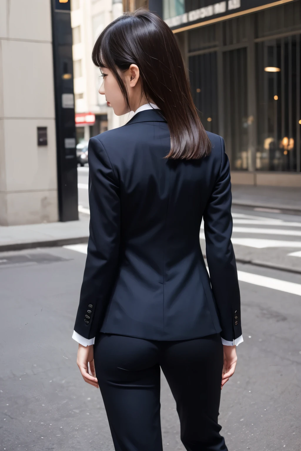 Back view of a girl in a tight pantsuit。The face turns around and looks this way,
