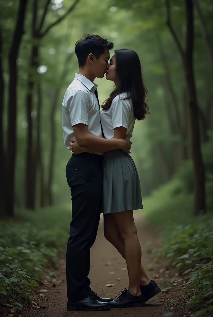 Romantic. Young indonesian Couple. both of them were wearing high school uniforms with white tops and gray bottoms, black nike shoes, (romantic lift hug). detail face. in the dark dense forest,tight dress,tight school dress,sexy figt
