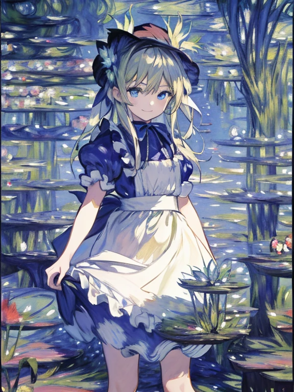 masterpiece, Highest quality, Very detailed, 16K, Ultra-high resolution, Cowboy Shot, Alice in Wonderland, (Monet:1.5), (Pointillism:1.2), , Detailed face, Mischievous Smile, blue eyes, blonde, Vertical Roll, Ribbon on head, Blue clothes, Plain white apron, 大きなclockのある部屋で, clock, 壁clock