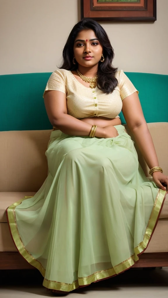 South Indian women, wearing cream colour chiffon transparent shiny skirt and light green shirt 