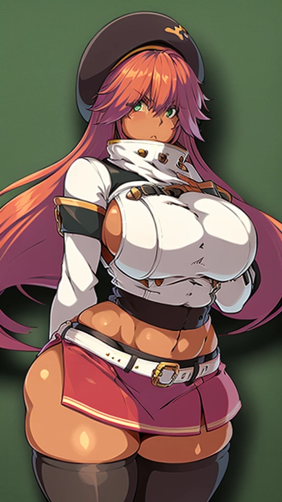 High detailed, 1 girl, solo, red hair with yellow tones, tanned skin, green eyes,  busty, firm chunky body, mini beret, white shirt, , deep cleavage, Juliet sleeves, pencil skirt, black thighhighs, BLUE gloves, tall, serious