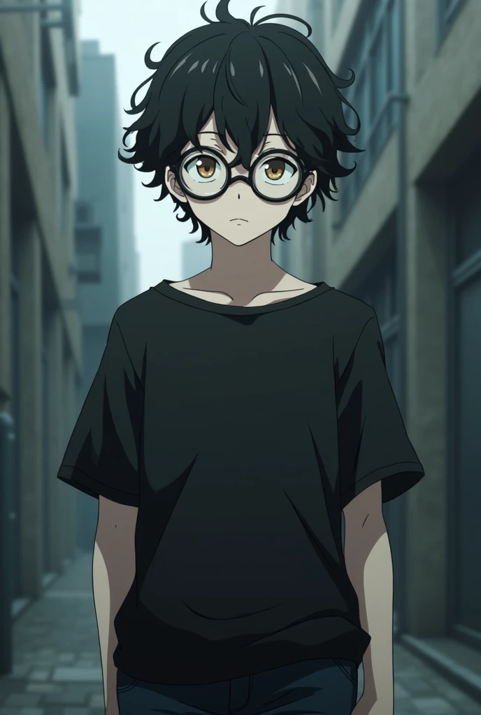 Screenshot of a Bungo Stray Dogs, Anime drawing style from studio bones animation. 1boy (17 years) with pearly skin, magnifying glasses , extra curly jet-black hair, brown eyes and dressed in a loose black t-shirt and black jeans.