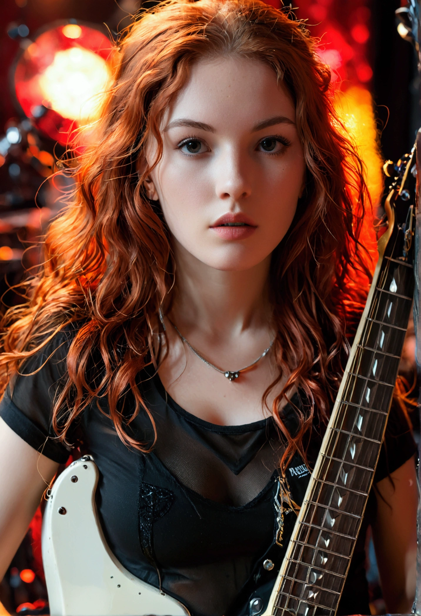 ultra realistic, photography, long red hair, girl, 24 years old, hourglass figure, perfect body, Flirty look, beautiful detailed woman, intricate and detailed face, long lush hair, soft lighting, photorealistic, high quality, cinematic, dramatic, warm color tones, natural breasts, facing the camera, blur background, on stage, rockband, playing a white fender jazzmaster, she wears shorts over a black sheer pantyhose, oversized t-shirt, she wears sneakers, full body picture, zoomed out, wide angle