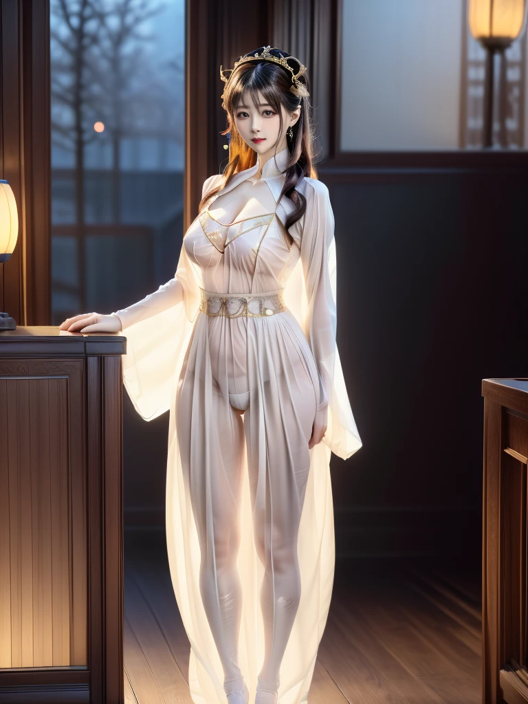A beautiful woman in a transparent Hanfu dress is waiting for someone., (Race:Chinese), (((Number of people:1))),((Library at night, moonlight, snow)), (8K Ultra HD, 8K, Ultra-high resolution, best quality, masterpiece, Surrealism, Digital SLR Camera, Soft Light, Bokeh, Masterpieces), ((((Beautiful model-like face))), (Creating the image of a real girl), warm light, Realistic shadows, Dynamic poses, Elegant Posture, Cowboy lens, Full body front view, Be confident, Body facing the camera, Standing facing the camera, Open your legs slightly, Golden Ratio Graphics, Minimalism), (Happy smile, Big watery eyes, Cherry Blossom, Balanced Eyes, Perfect beautiful face, Normal facial features, Realistic skin, Attention to skin details, Skin is clean and radiant, Whitening, Anatomically correct body, Hourglass figure, cosmetic, Gloves, earrings, bracelet, necklace, Jewelry, veil, Hair accessories, Headdress, shawl), ((beautiful hair), Dark brown hair, Big wavy curly hairstyle, Waist-length hair, Messy Hairstyle, Gradient hairstyles, Cyberpunk hairstyle), ((Transparent clothes:1.5), (Color of clothes: Two colors), Transparent Clothes, See-through clothes, Tulle clothes, Mesh clothes, Transparent sci-fi clothes, Shiny micro bikini bra, (Clothes that accentuate your bust shape)), (Sexy的, Perfect breast shape, Teardrop chest shape, Snow-white breasts, very detailed breasts, 36C cups), (Super high waist, Deep V, Low-cut, Sexy, Flattering, Open crotch, (Camel toe, High fork strangulation)), (sock, Knee socks, 吊garter, Leg ring, garter, 腿部garter), (style:Sexy,Mature), (Wet body:1.0) , (Wet clothes:1.0), (clothes pattern: line)