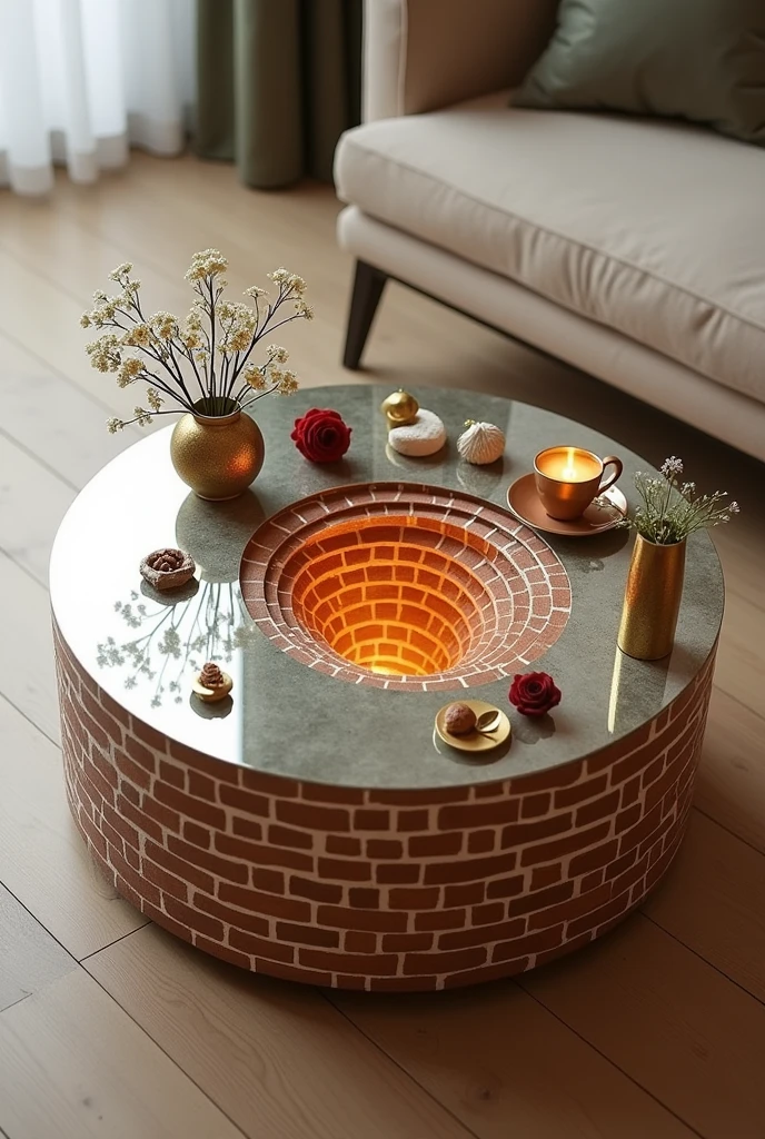 Small square coffee table handcrafted, featuring a two-way mirrored glass top that reflects a stunning visual effect inside that resembles a tunnel, a deep, endless well, and an endless staircase lit from the inside with warm golden LED lighting. The sides are covered with brick wallpaper that mimics the look of 3D textured wallpaper.. The table is decorated with simple decorations such as golden pedestals, small flowers, a cake and nuts, and contains a red rose and a tea cup. . The table is placed on a light-colored wooden floor.. The table design combines simplicity and elegance with a touch of modernity, making it a distinctive piece of art in any room or living room.
