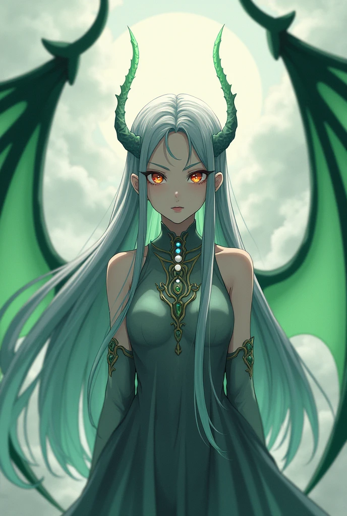 Fantasy、２Dimensional anime style、Silver hair with a green tip、Smooth Straight Hair、Long Hair、Gold and red odd eyes、Three white eyes、Slanted Eyes、Fair skin、Fishing eyebrows、No highlights in the eyes、、Dragon Wing、Expressionless、Naropa