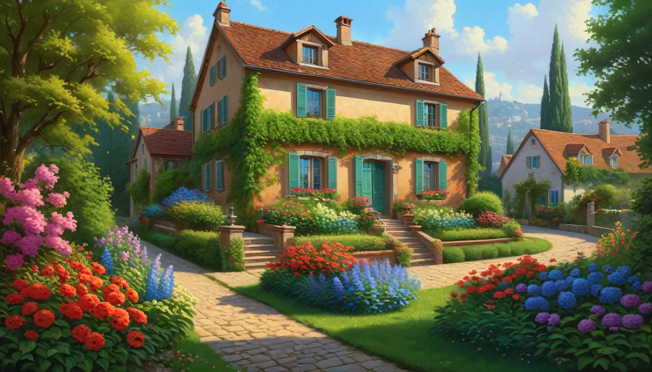 painting of a house with a garden and flowers in front of it, inspired by Evgeny Lushpin, beatiful house, detailed painting 4 k, inspired by Guido Borelli da Caluso, beautiful art uhd 4 k, by Evgeny Lushpin, french village exterior, beautiful digital artwork, ornately detailed, by Arthur Pan, rich picturesque colors
