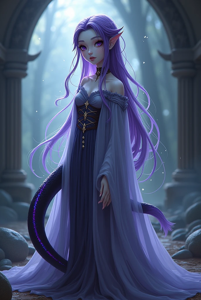 Medium height girl. Swamp-colored hair, with some purple strands. Snow-white skin with scales makeup on the face. They lack legs, they are replaced by a black tail with purple streaks. dressed in a beautiful dress. anime style , Yuan-ti race from D&D , Half Snake