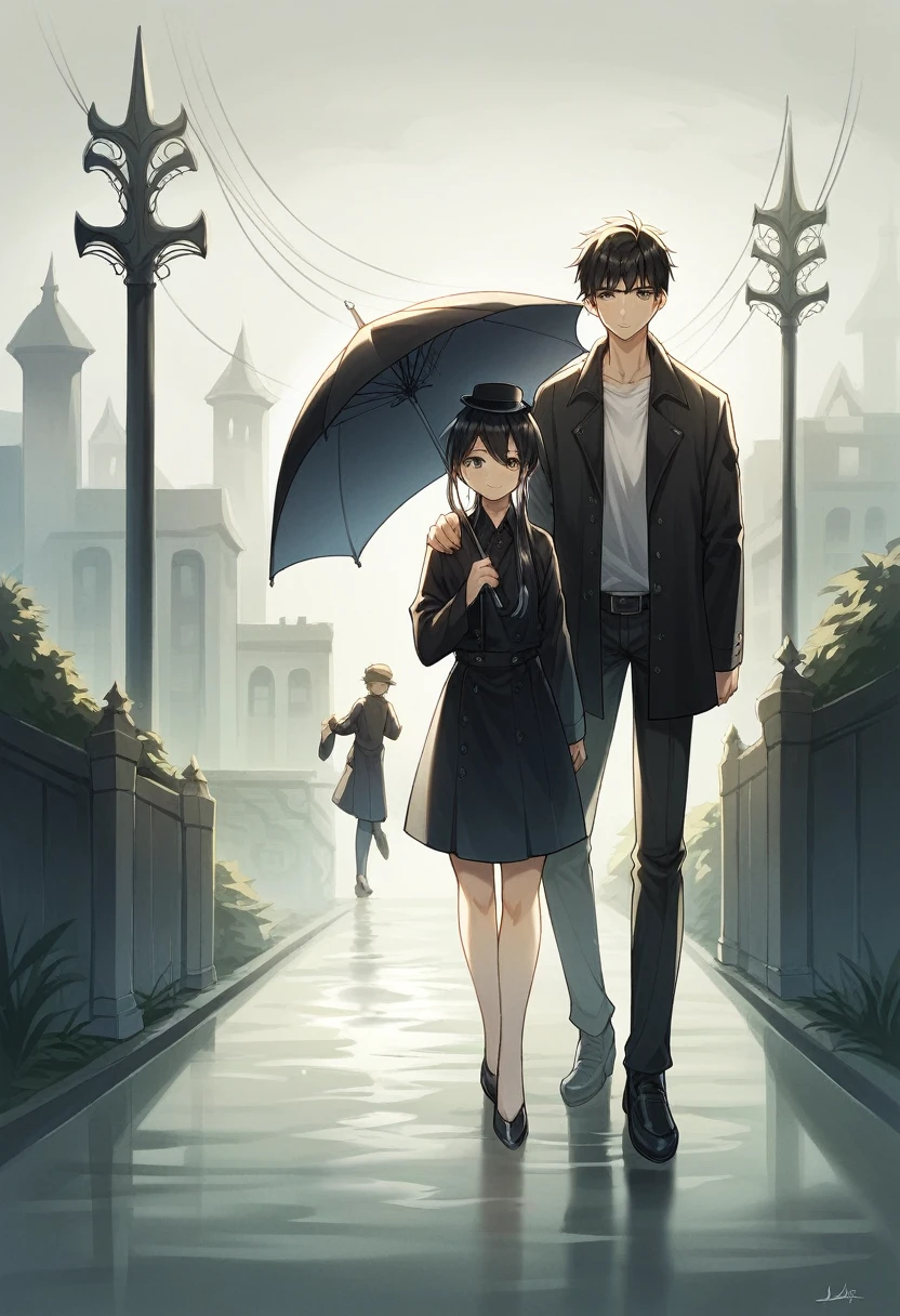 The image depicts a serene and intimate moment between a man and a woman, set in what appears to be a late 19th or early 20th-century urban park during a misty, overcast day. The couple is walking closely together on a damp, rain-soaked pathway. The man, dressed in a black overcoat and bowler hat, holds a closed umbrella in one hand while gently clasping the woman’s hands with the other. The woman is also dressed in a dark overcoat and a hat adorned with subtle details, suggesting the fashion of the era. She gazes up at the man with a soft expression, indicating a moment of quiet affection or connection.
The background features leafless trees, iron fences, and the indistinct outlines of city buildings shrouded in mist, enhancing the melancholic yet romantic atmosphere. The overall color palette is muted, dominated by shades of gray, black, and soft browns, which contribute to the somber and reflective mood of the scene. The wet ground reflects the figures, adding depth to the composition, while the soft lighting and hazy air suggest a peaceful, early morning or late afternoon setting.