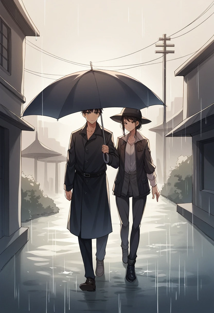 The image depicts a serene and intimate moment between a man and a woman, set in what appears to be a late 19th or early 20th-century urban park during a misty, overcast day. The couple is walking closely together on a damp, rain-soaked pathway. The man, dressed in a black overcoat and bowler hat, holds a closed umbrella in one hand while gently clasping the woman’s hands with the other. The woman is also dressed in a dark overcoat and a hat adorned with subtle details, suggesting the fashion of the era. She gazes up at the man with a soft expression, indicating a moment of quiet affection or connection.
The background features leafless trees, iron fences, and the indistinct outlines of city buildings shrouded in mist, enhancing the melancholic yet romantic atmosphere. The overall color palette is muted, dominated by shades of gray, black, and soft browns, which contribute to the somber and reflective mood of the scene. The wet ground reflects the figures, adding depth to the composition, while the soft lighting and hazy air suggest a peaceful, early morning or late afternoon setting.