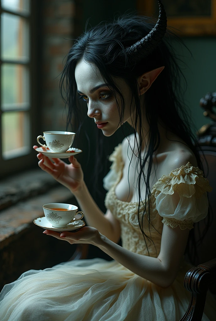 A terrifying female creature, humanoid, without horns , who loves tea 