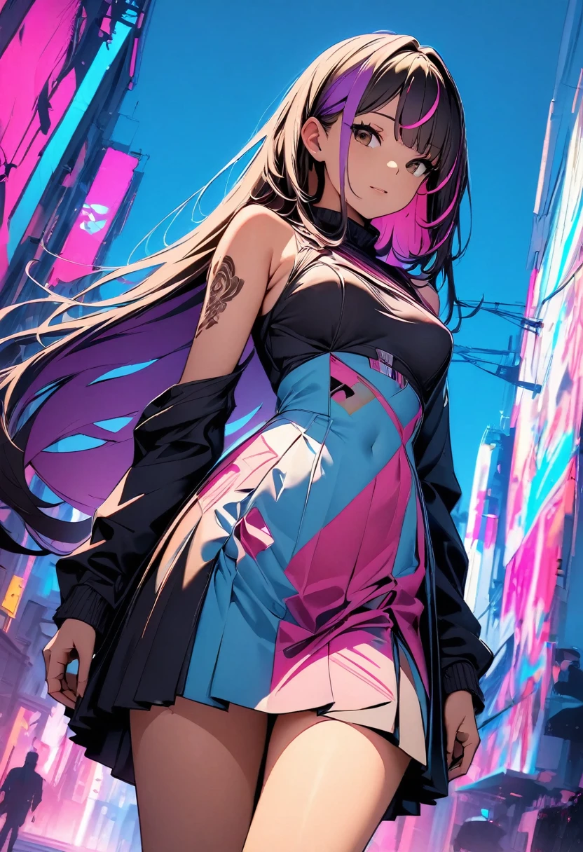 (high quality, 8k, 4K, High Contrast, masterpiece:1.2, 最high quality, Best aesthetics), (Dynamic Angle), girl、slim, Bright colors、Beautiful fine details、cyber punk, Flat Color, Colorful art, body conscious dress, Looking at the audience, Colored Background, High Contrast, Contrasting colors, Cowboy Shot, Beautiful lip detail、long hair、black and purple ((streaked hair:1.6)), highlights hair: 1.5, brown eyes, slim body, (small breast:0.7), (Floral Fineline tattoo design on left arm:1), (tan skin:0.5),