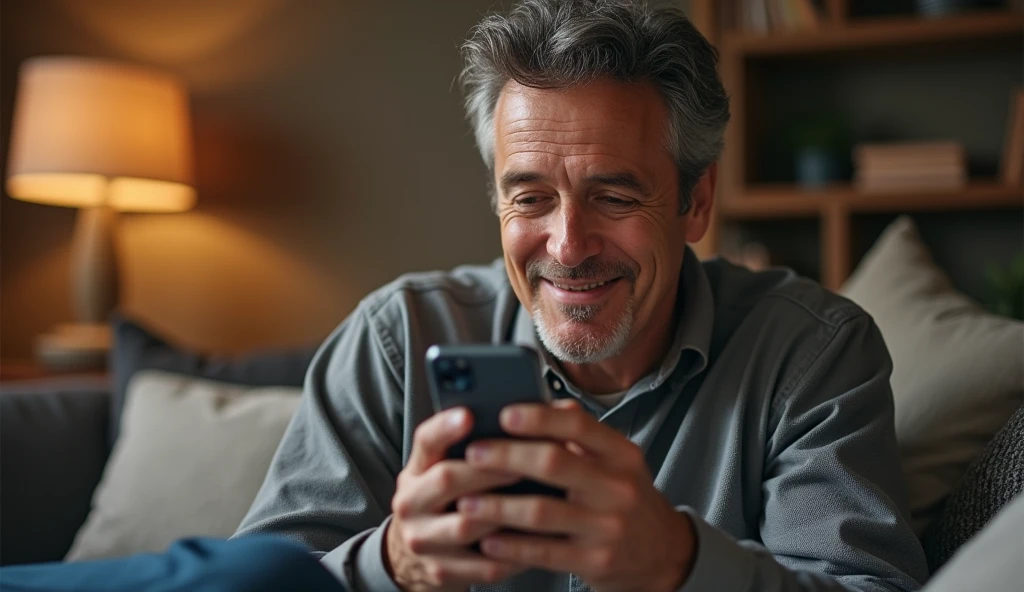 A man watching phone and smiling 
