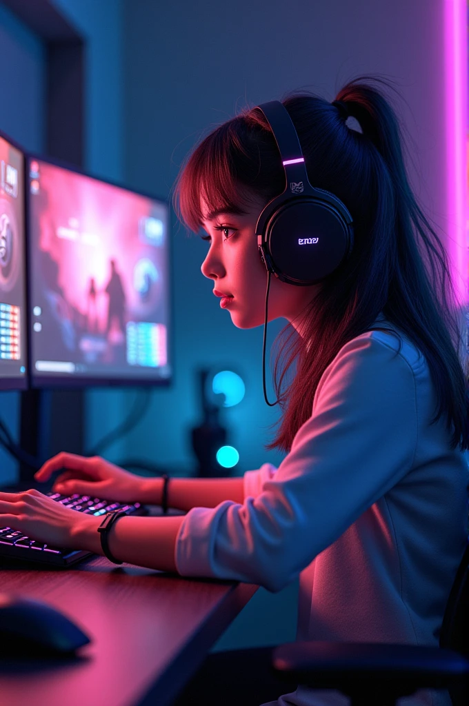 A girl in gaming pc 
