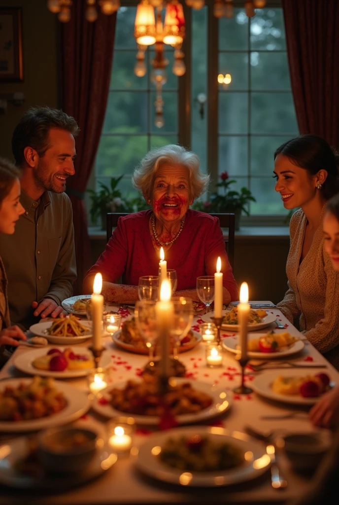 Take a picture of a family meal where everyone is laughing and looking at the family grandmother, who is presiding over the table, The grandmother is covered in blood.